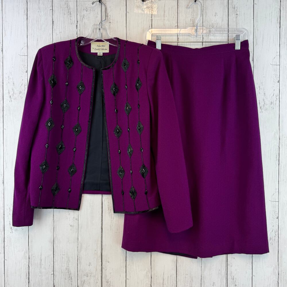 VTG Nolan Miller Purple Black Wool Embellished Beaded Jacket Skirt Outfit Set 10